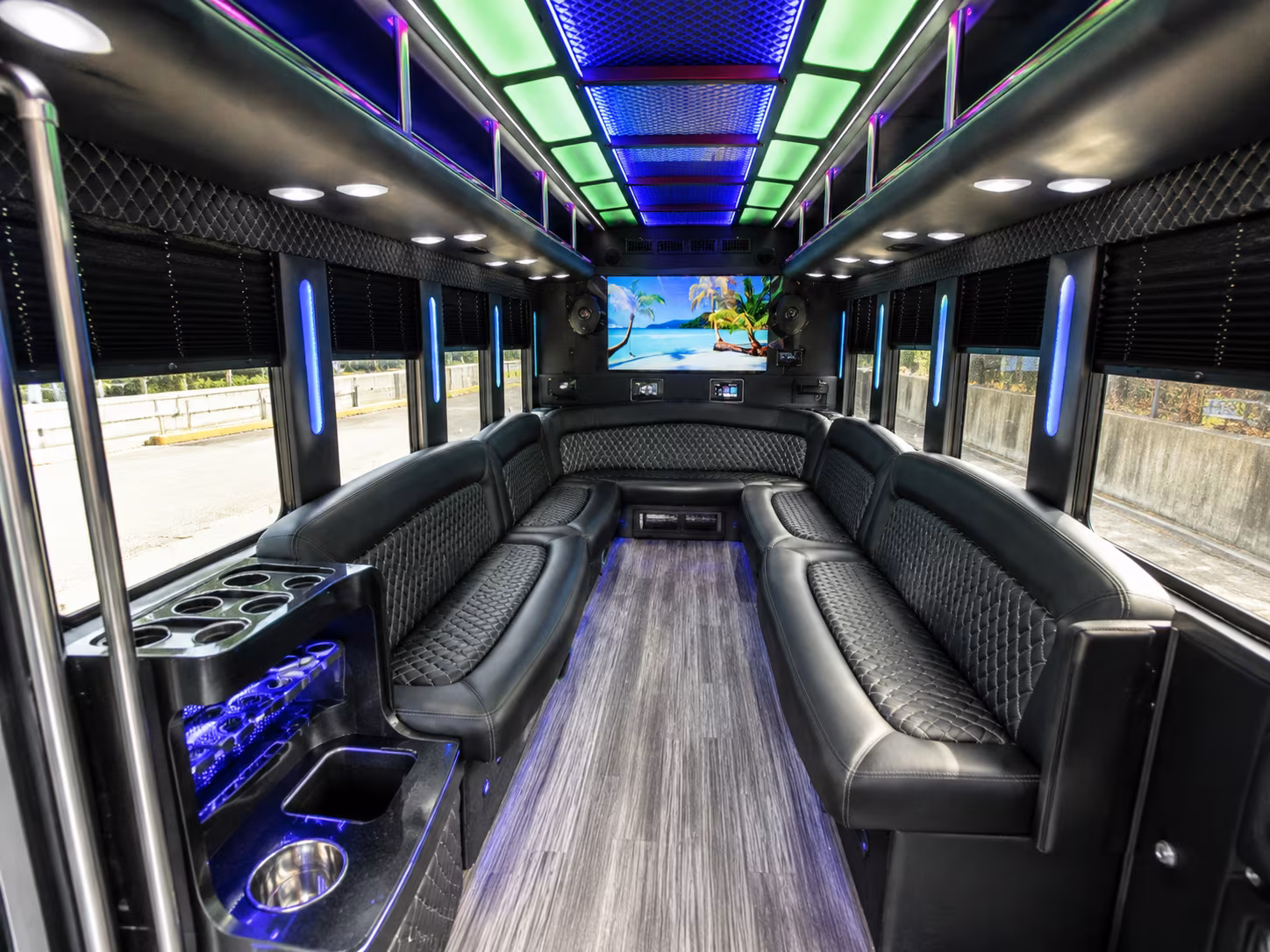 albany 18 passenger party bus inside